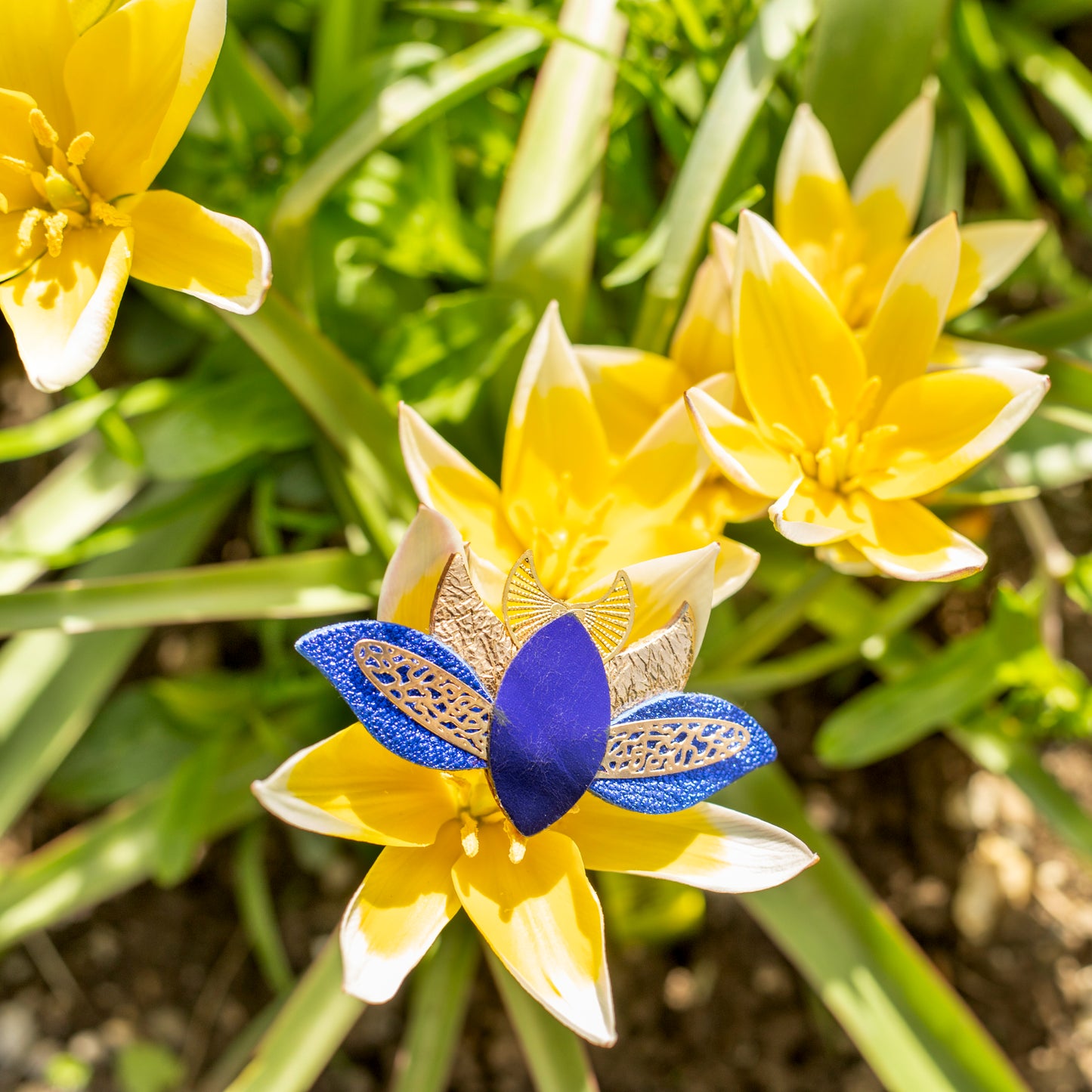 Broche Coléoptère - cuir violet, bleu outremer, doré