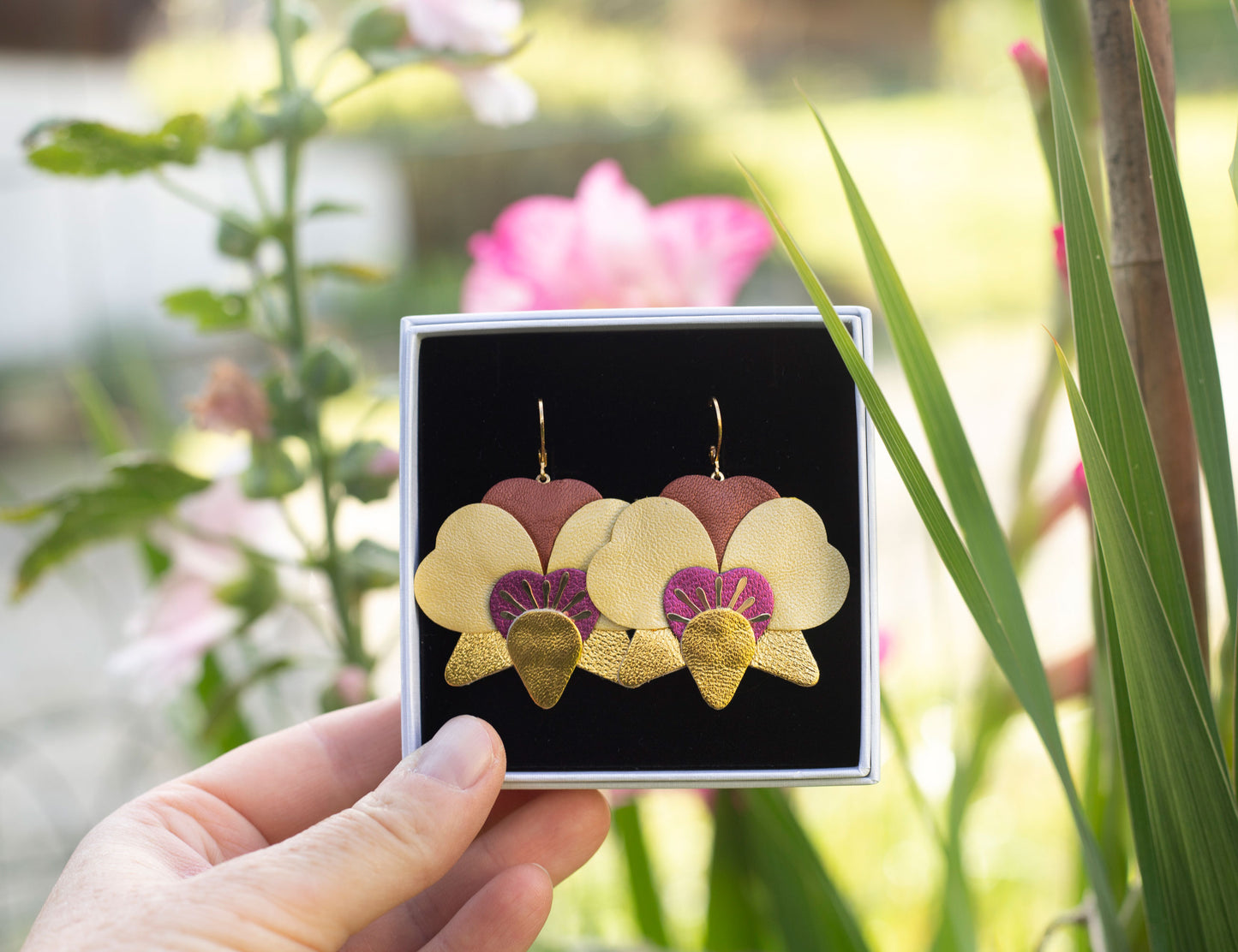 Boucles d’oreilles Orchidées - cuivre, rose, or mat, framboise