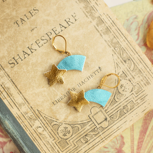 Boucles d'oreilles étoiles filantes bleu métallisé et doré