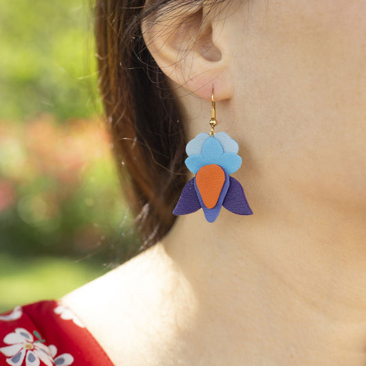 Boucles d'oreilles Iris cuir rose incarnat, mauve métallisé, fuchsia