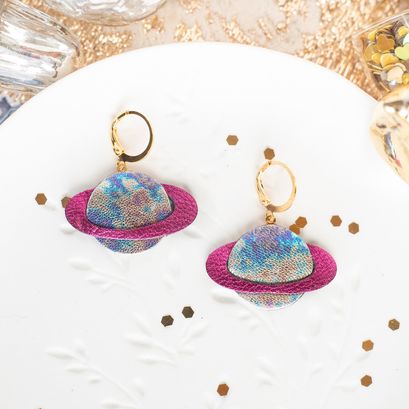 Boucles d'oreilles Planètes à Paillettes rose foncé