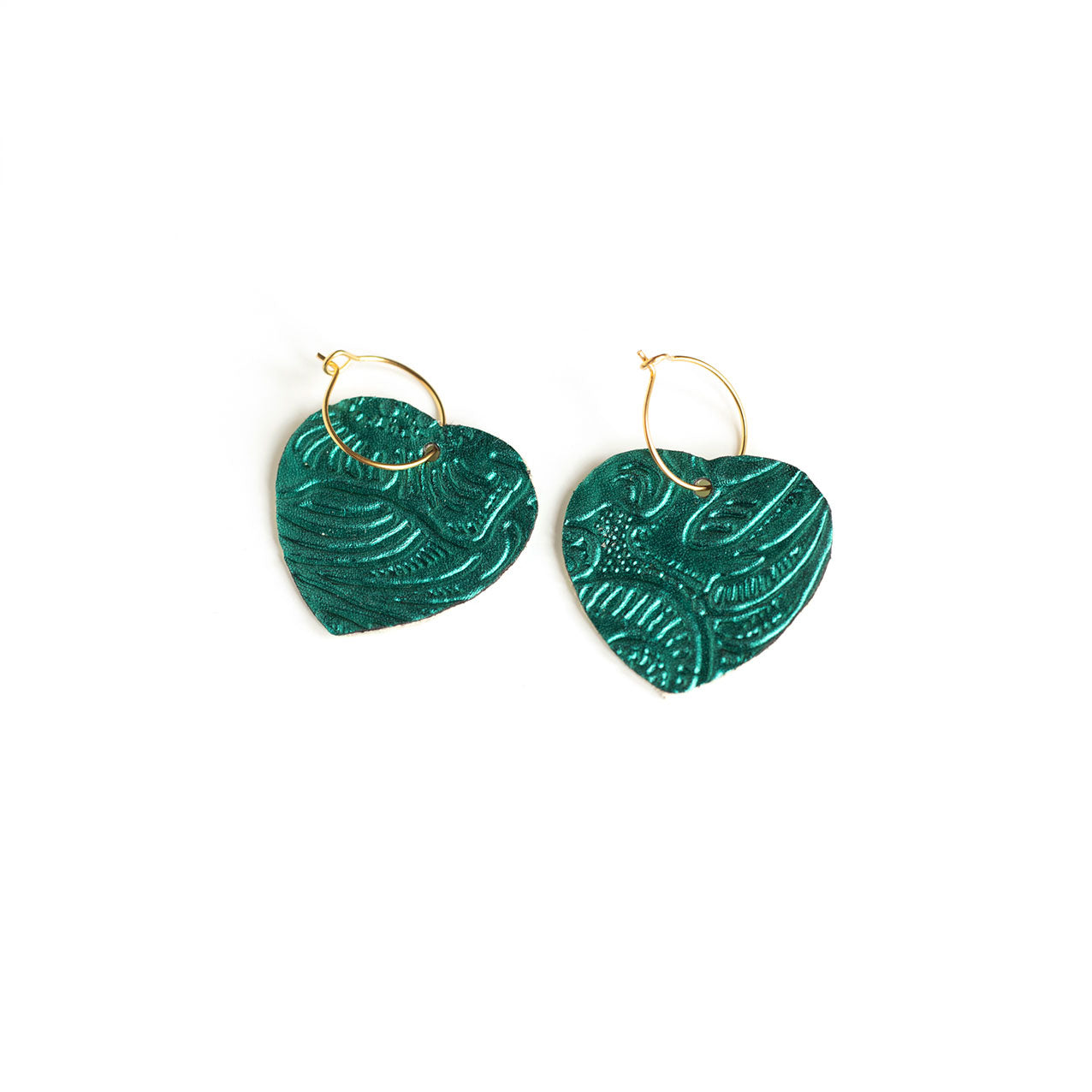 Boucles d'oreilles Coeurs cuir gaufré bleu pétrole et vert