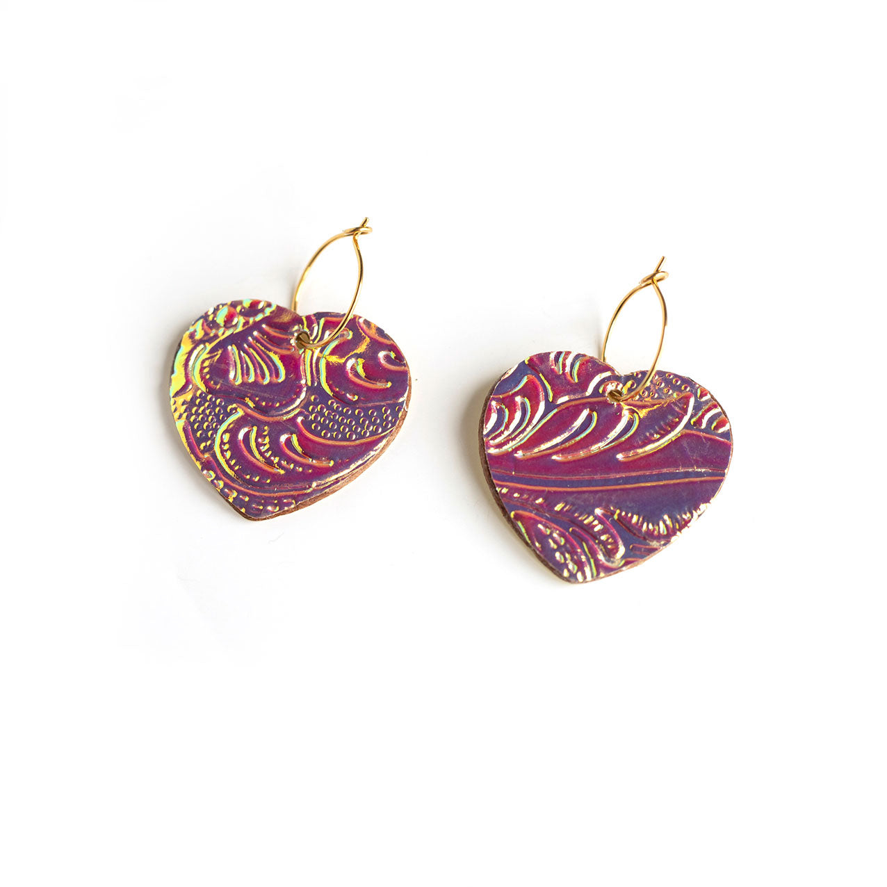 Boucles d'oreilles coeurs holographiques rose mauve et jaune
