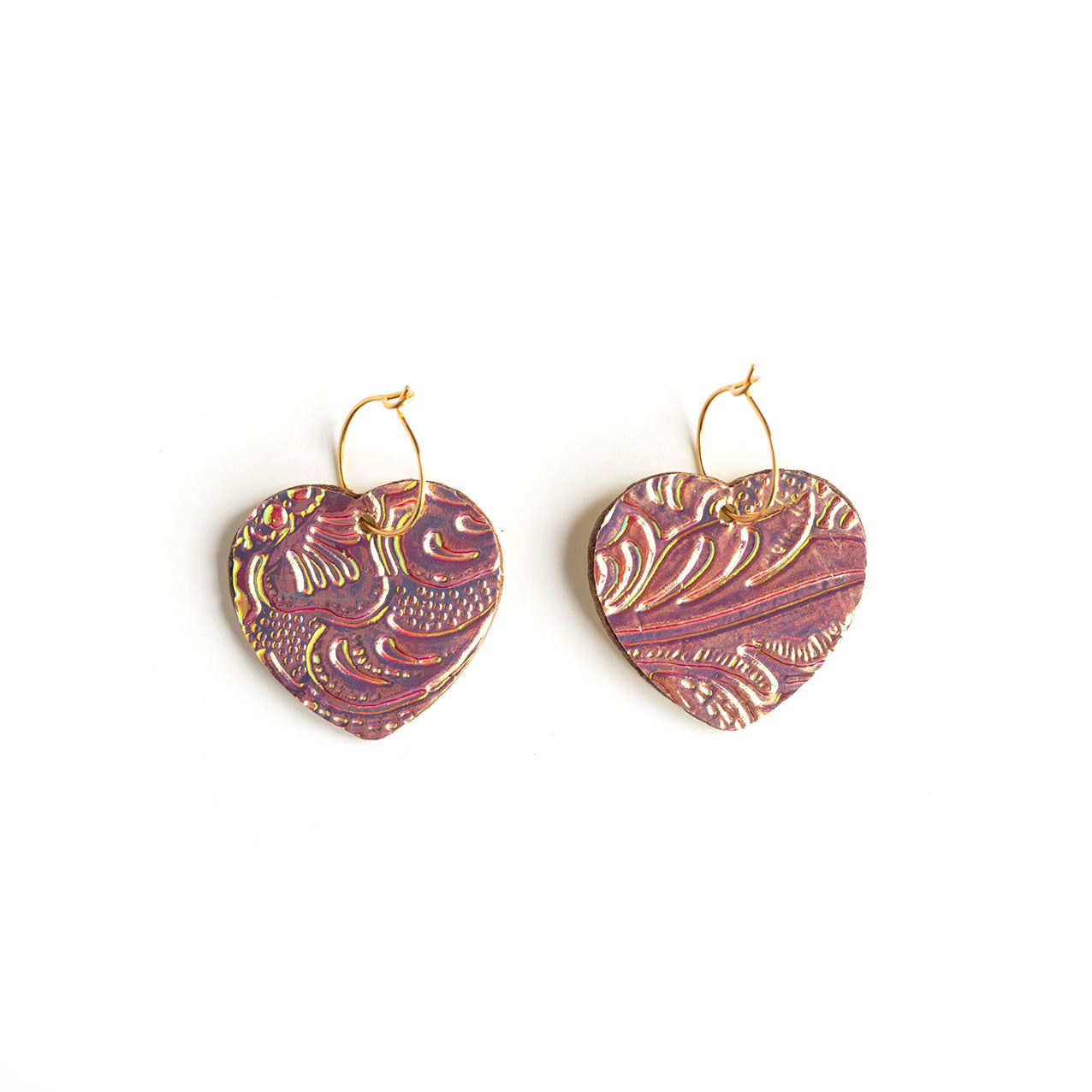 Boucles d'oreilles coeurs holographiques rose mauve et jaune