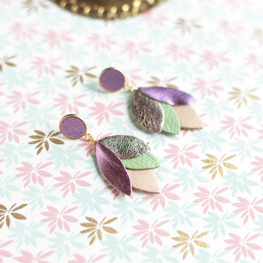 Boucles d'oreilles Dahlia - cuir rose métallisé, vert métallisé, jade, rose poudré nacré