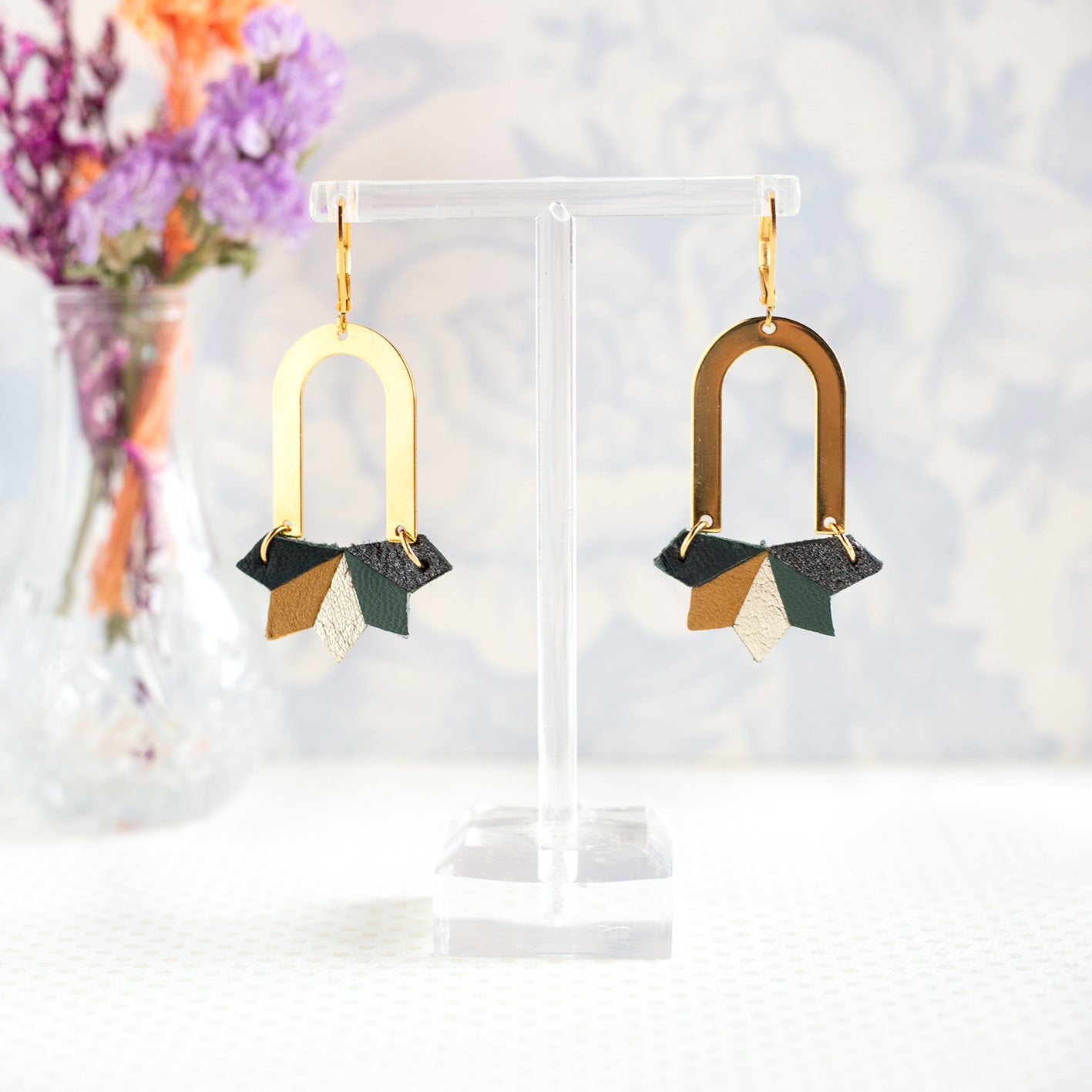 Boucles d’oreilles Viviane vert lierre et bronze