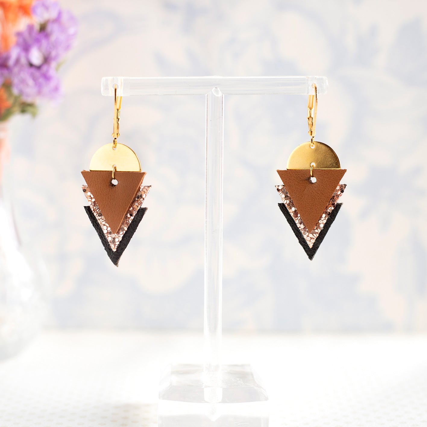 Boucles d’oreilles Evi cuir terracotta noir argent