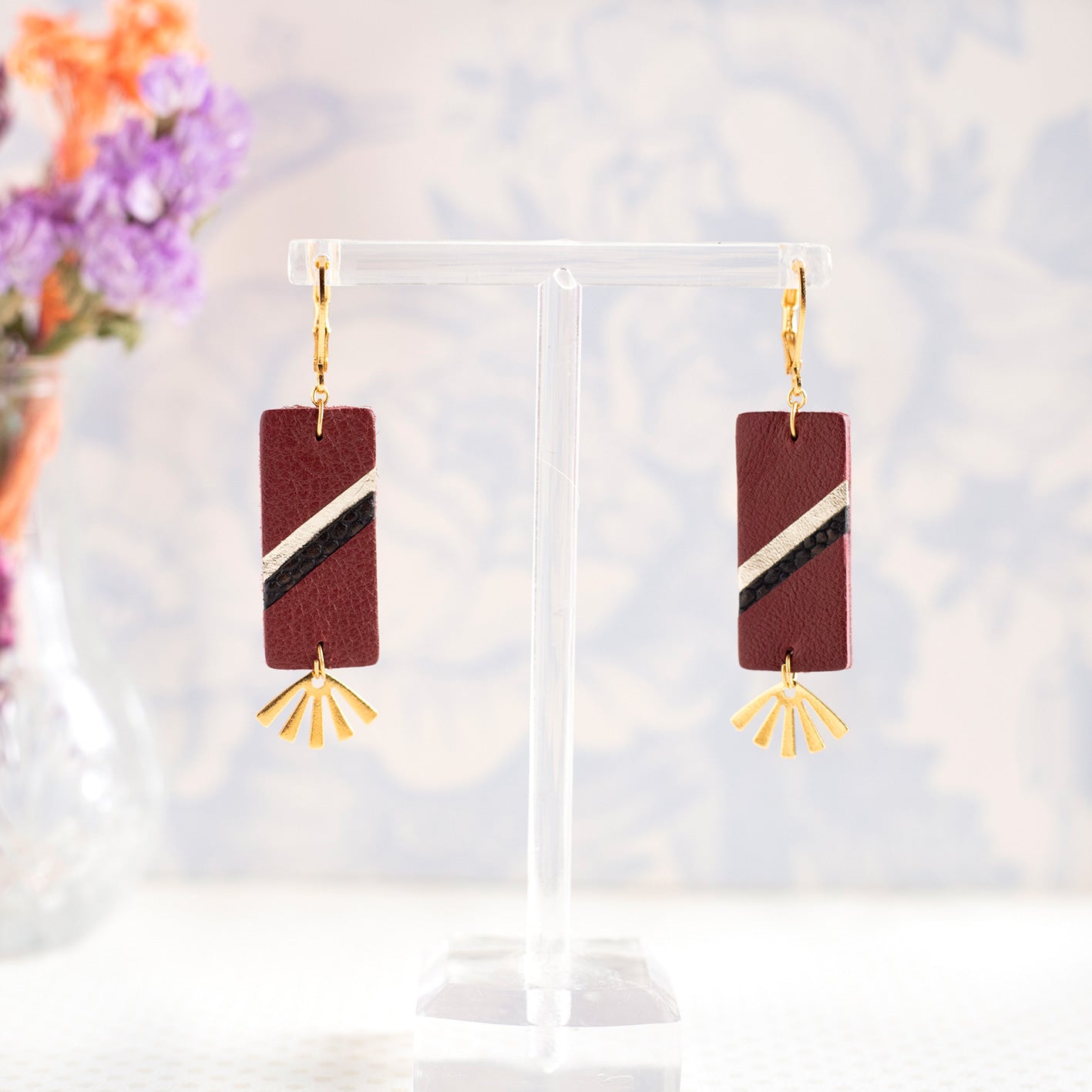 Boucles d’oreilles Margot bordeaux éventails
