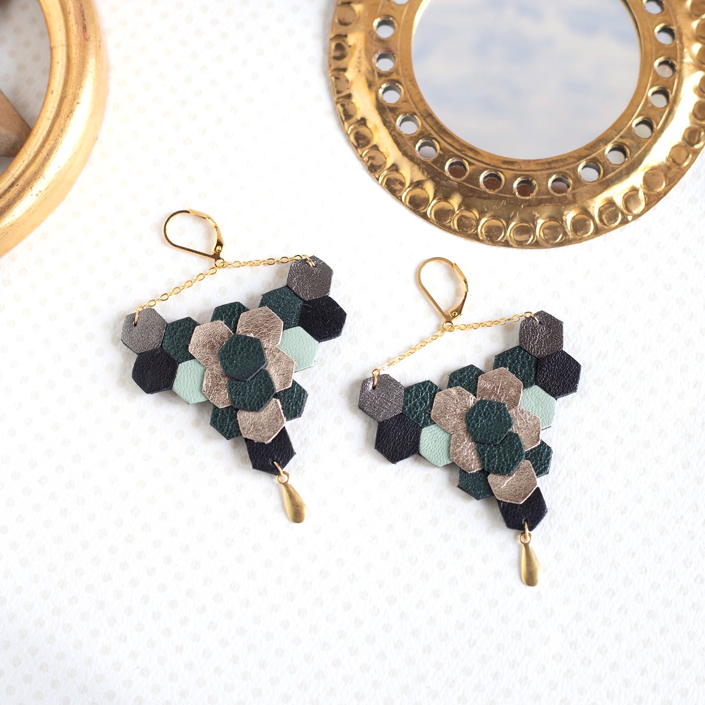 Boucles d’oreilles Sixty cuir vert argenté noir