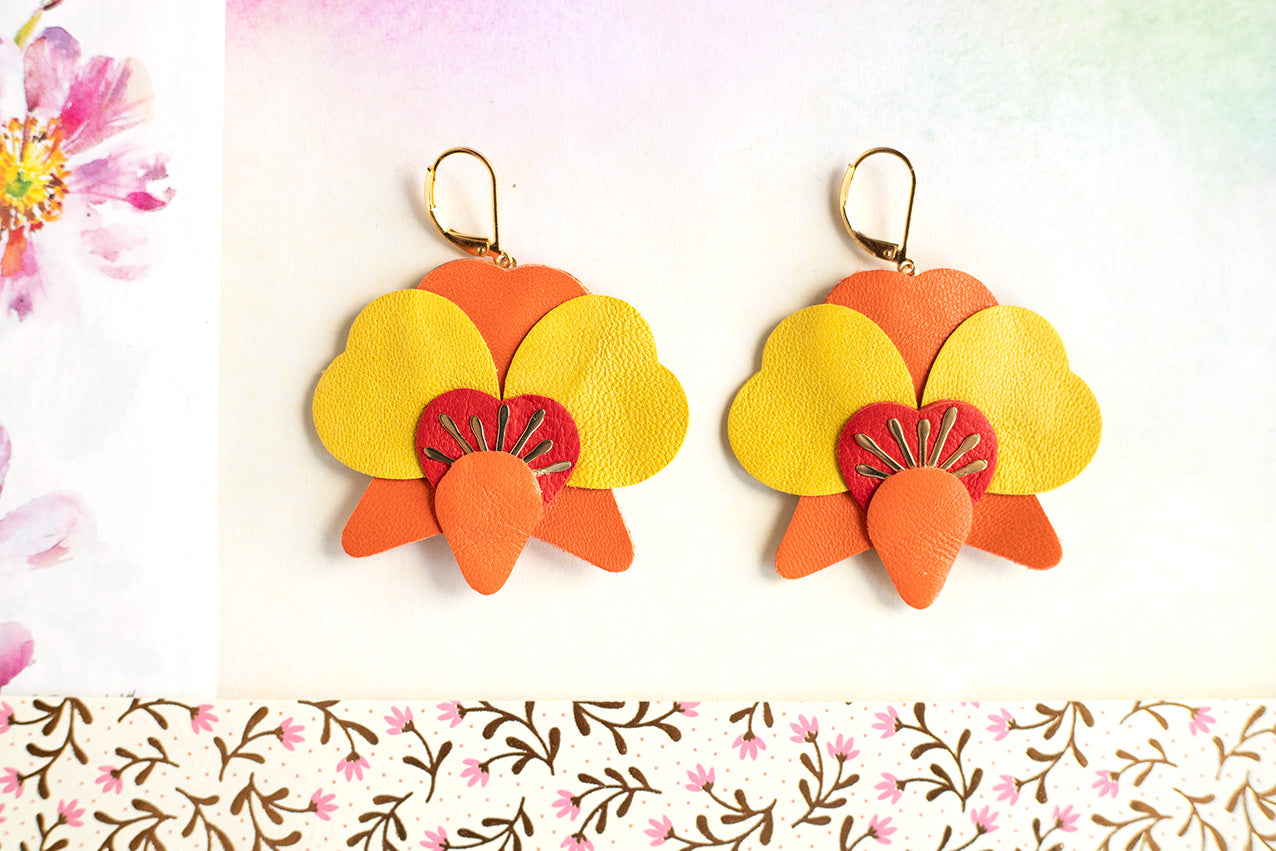 Boucles d’oreilles Orchidées - orange, rouge et jaune