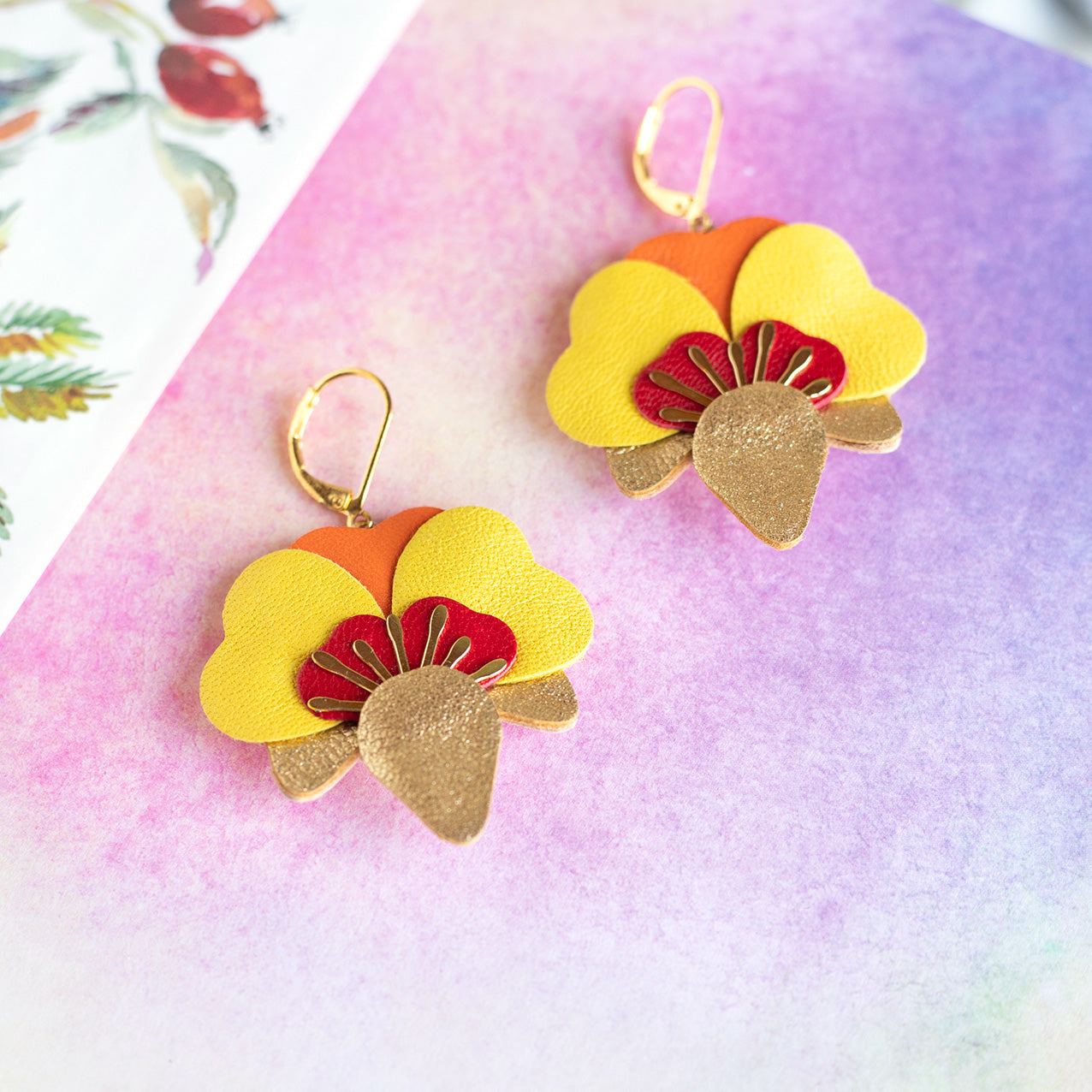 Boucles d’oreilles Orchidées - doré, rouge, jaune, orange