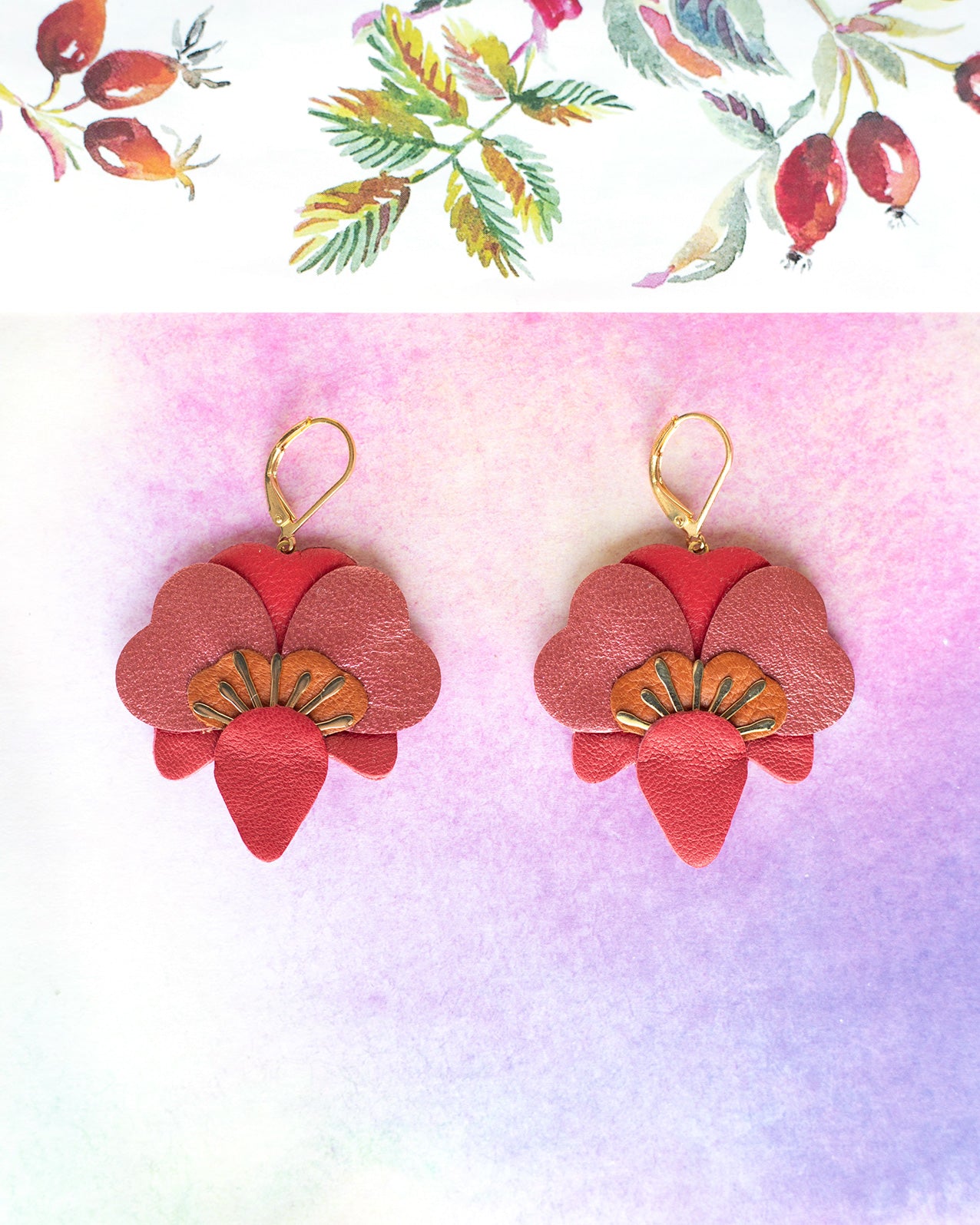 Boucles d’oreilles Orchidées - rouge, cuivré, terracotta