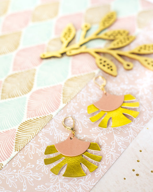 Boucles D'oreilles Palmes Cuir Rose et Chartreuse Métallisé