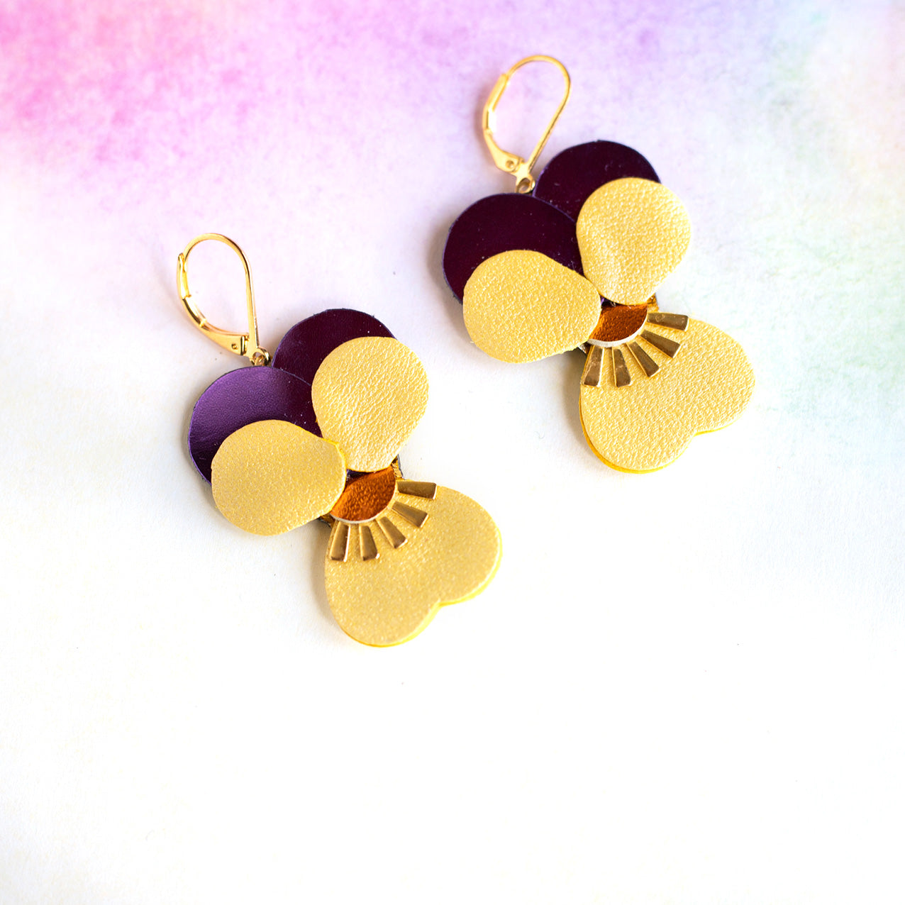 Boucles d’oreilles Pensées - violet orange et jaune