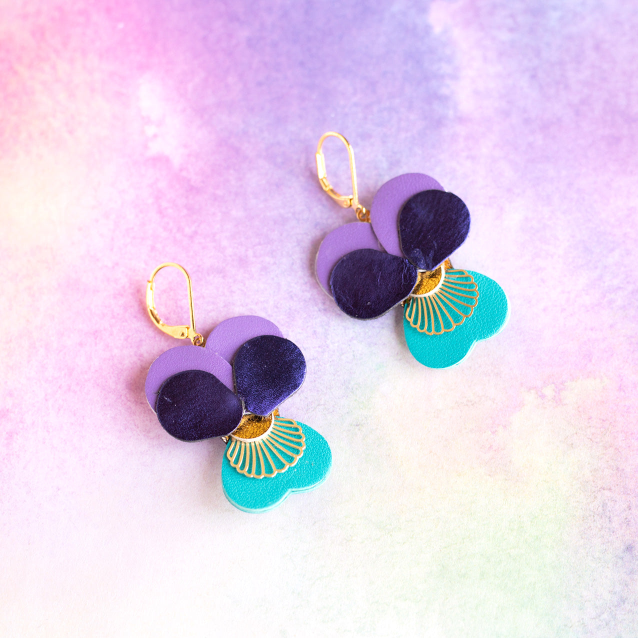 Boucles d’oreilles Pensées - bleu, mauve et violet métallisé