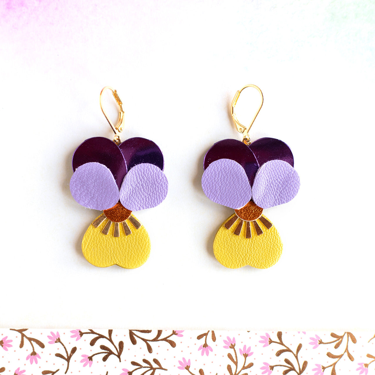 Boucles d’oreilles Pensées - violet mauve et jaune