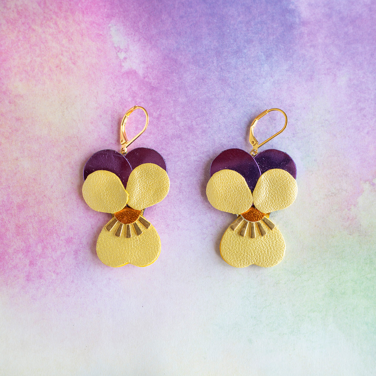 Boucles d’oreilles Pensées - violet orange et jaune