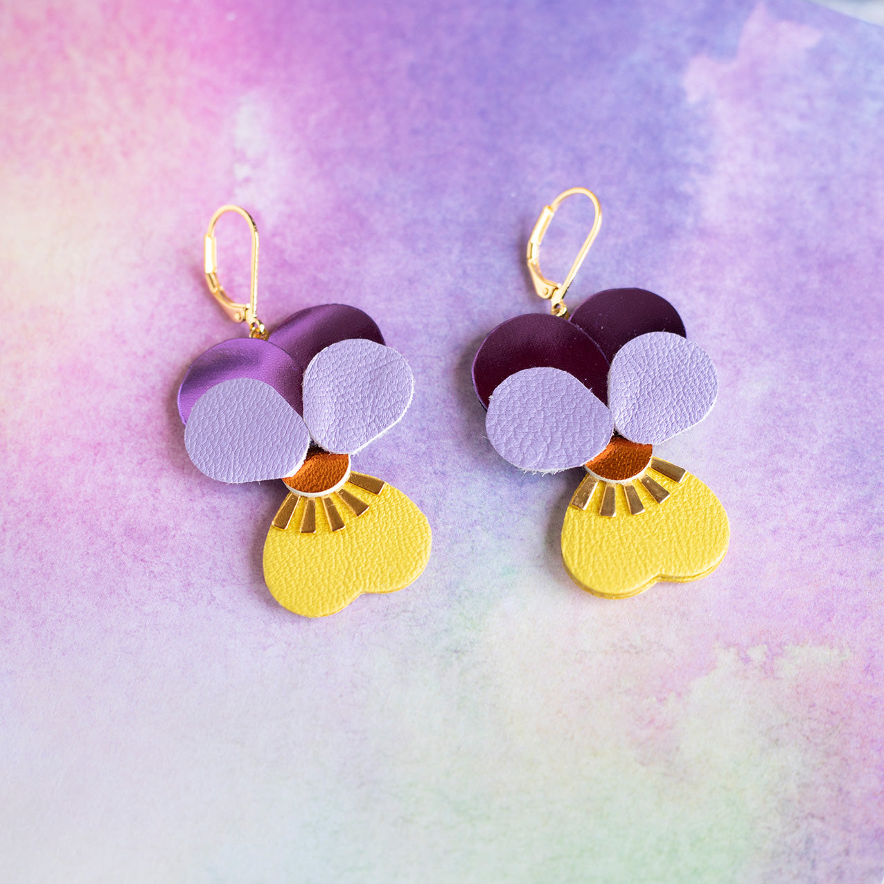 Boucles d’oreilles Pensées - violet mauve et jaune