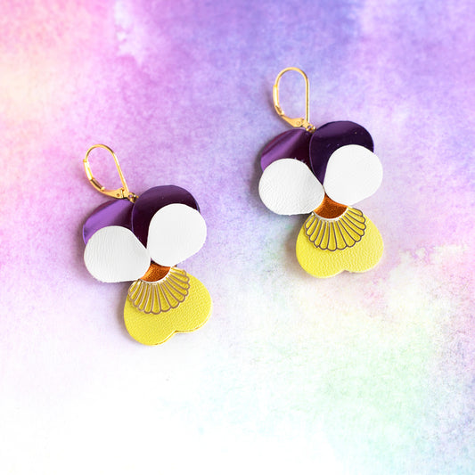 Boucles d’oreilles Pensées - violet blanc, jaune, orange métallisé