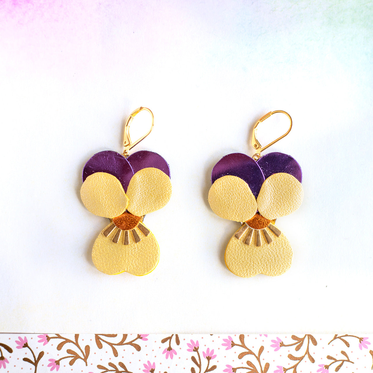 Boucles d’oreilles Pensées - violet orange et jaune