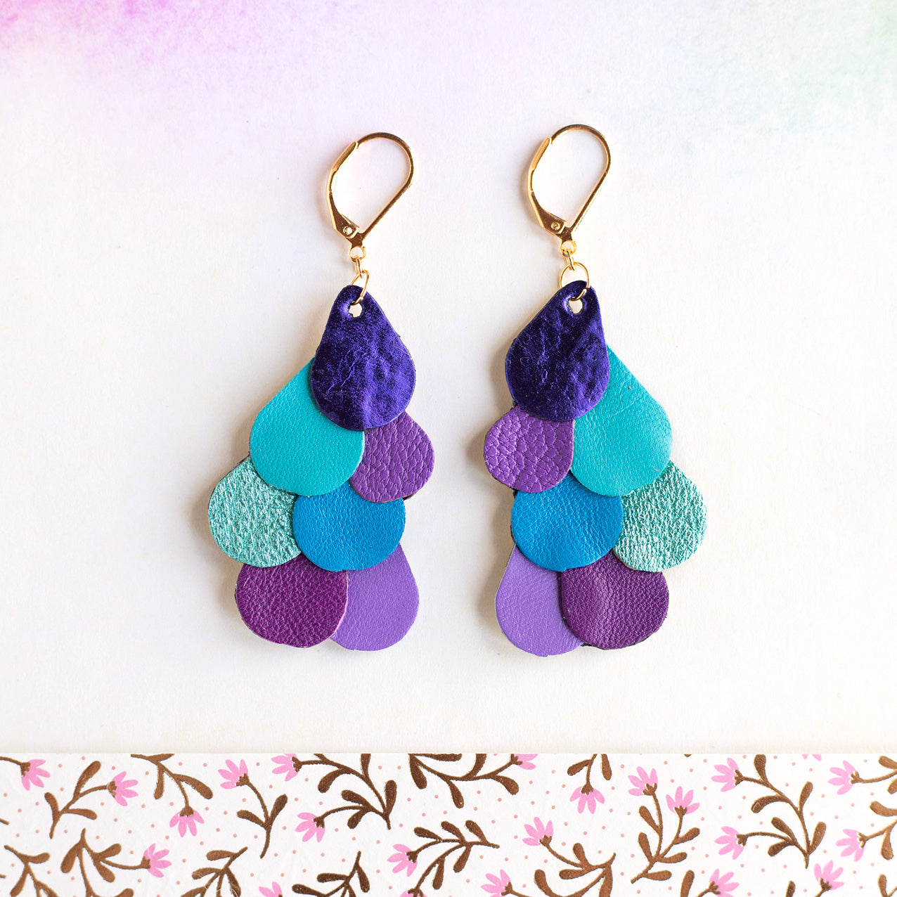 Boucles d'oreilles Queue de Paon violet, bleu, turquoise