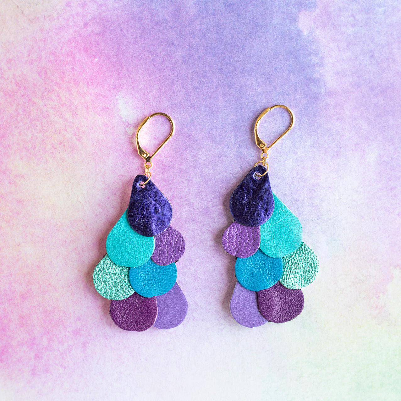 Boucles d'oreilles Queue de Paon violet, bleu, turquoise