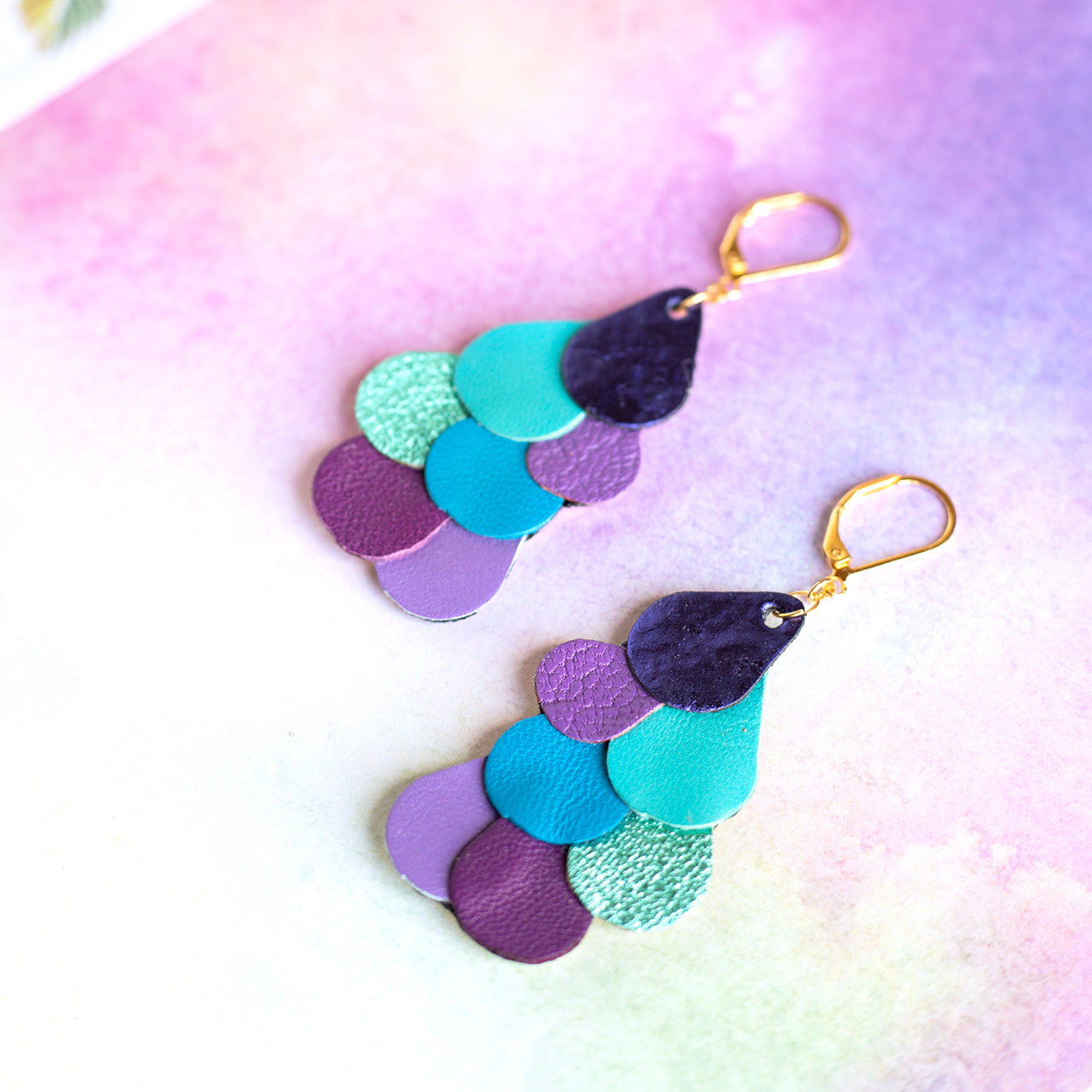Boucles d'oreilles Queue de Paon violet, bleu, turquoise