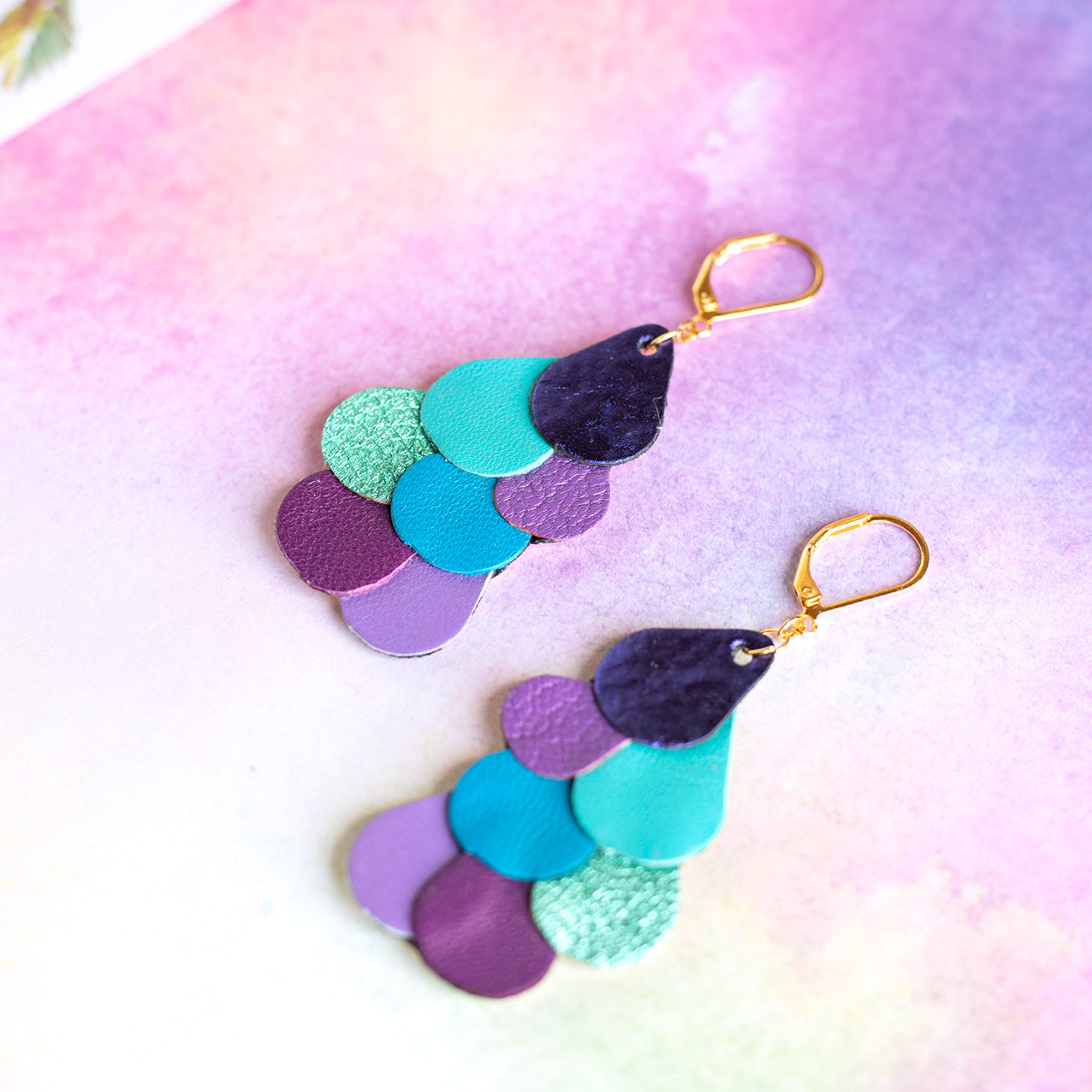 Boucles d'oreilles Queue de Paon violet, bleu, turquoise