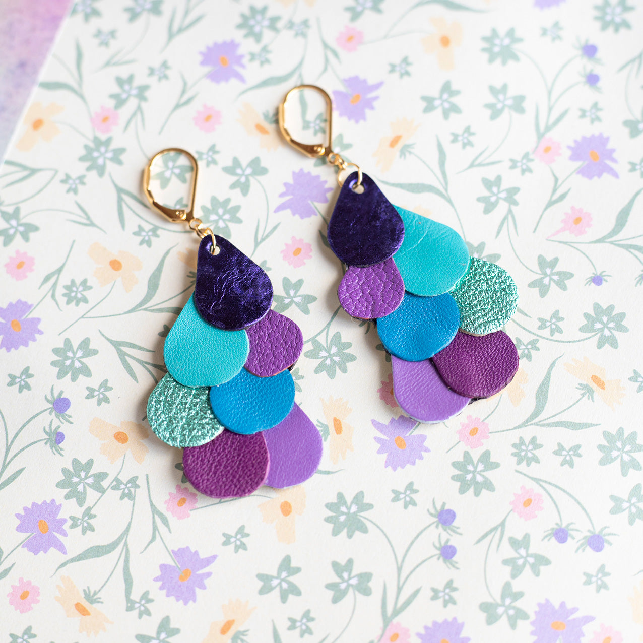 Boucles d'oreilles Queue de Paon violet, bleu, turquoise