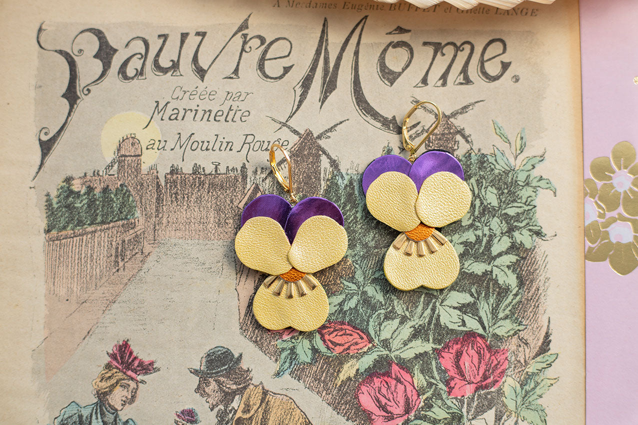 Boucles d’oreilles Pensées - violet orange et jaune