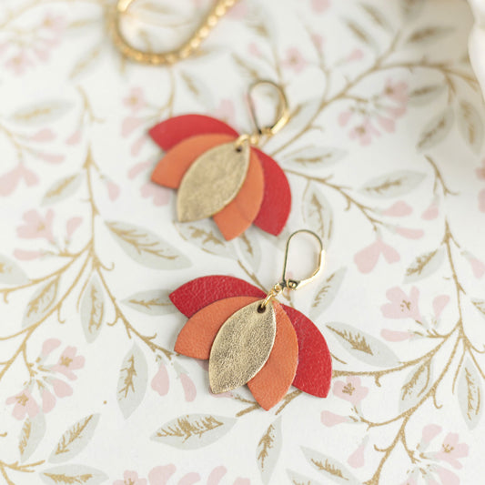 Boucles d'oreilles fleur de lotus doré, orange, rouge
