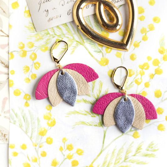 Boucles d'oreilles fleur de lotus bleu-gris, beige, rose vif