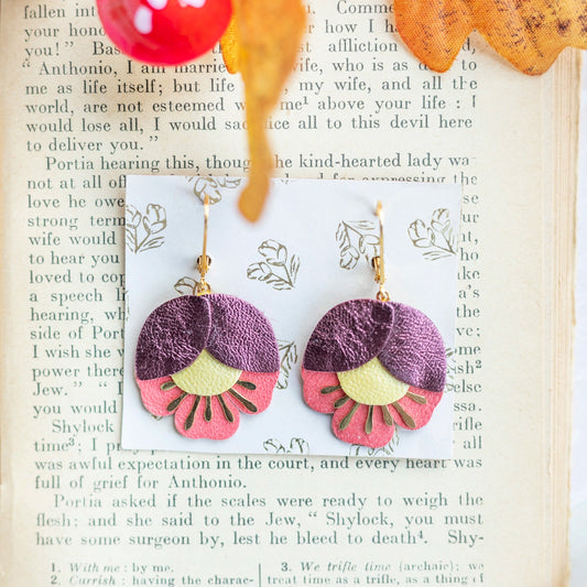 Boucles d'oreilles Fleur de Cerisier cuir prune, jaune, rose