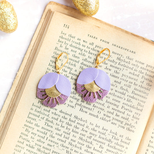 Boucles d'oreilles Fleur de Cerisier cuir mauve, doré, lilas métallisé
