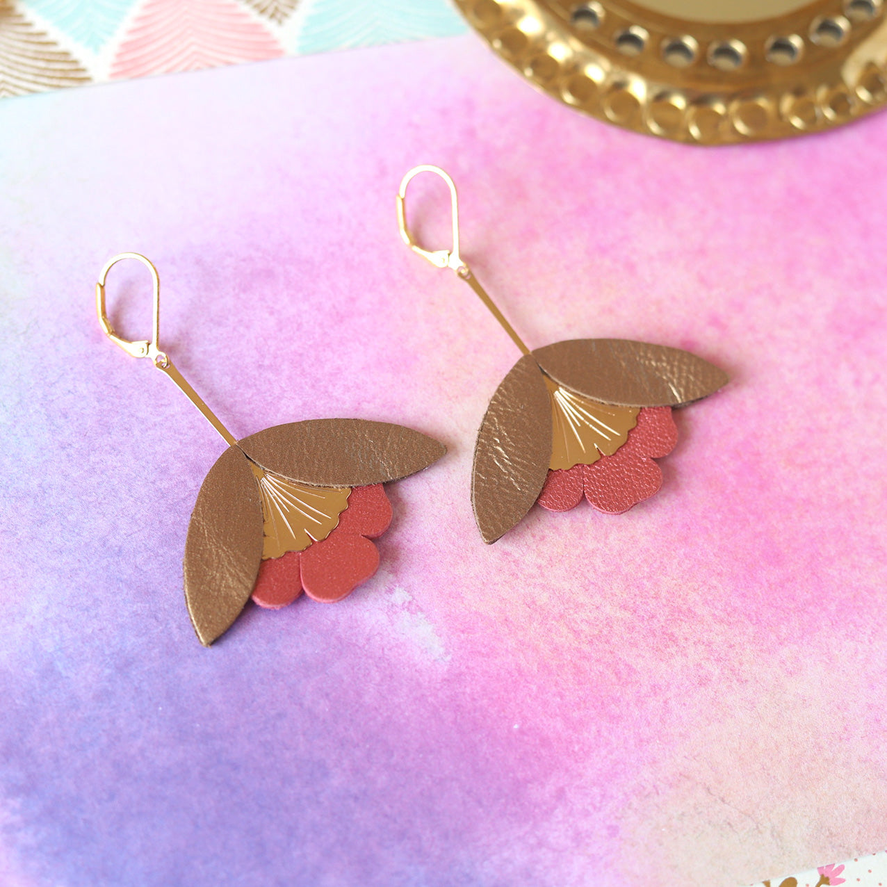 Boucles d'oreilles Fleur de Ginkgo cuir bronze et rouge cuivré