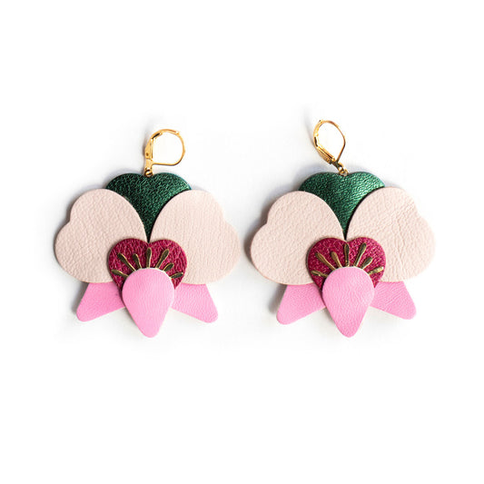 Boucles d’oreilles Orchidées - rose bonbon, framboise métallisé, vert sapin