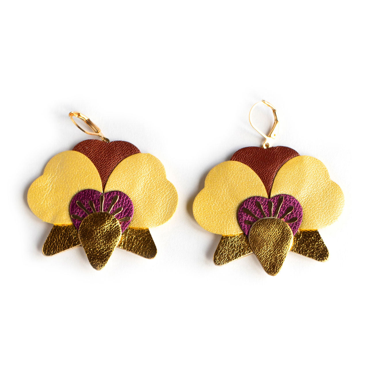 Boucles d’oreilles Orchidées - doré, framboise, jaune et cuivré