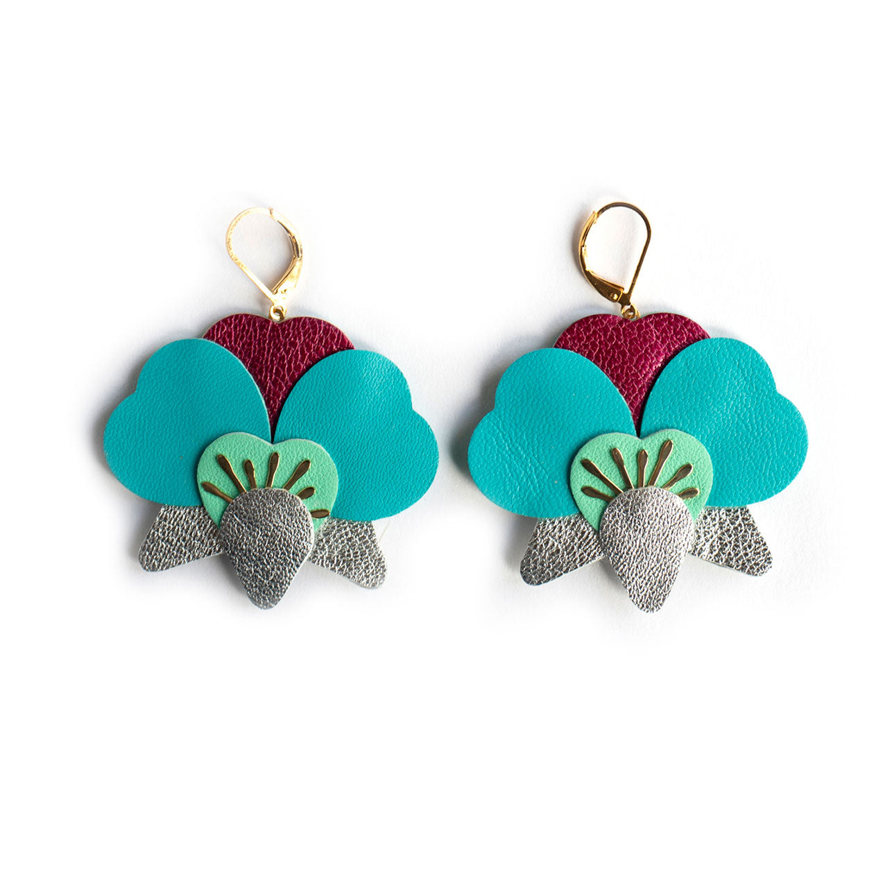 Boucles d’oreilles Orchidées - argent, vert jade, bleu turquoise, framboise