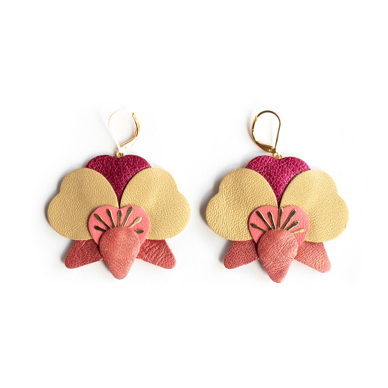 Boucles d’oreilles Orchidées - cuivre, rose, or mat, framboise