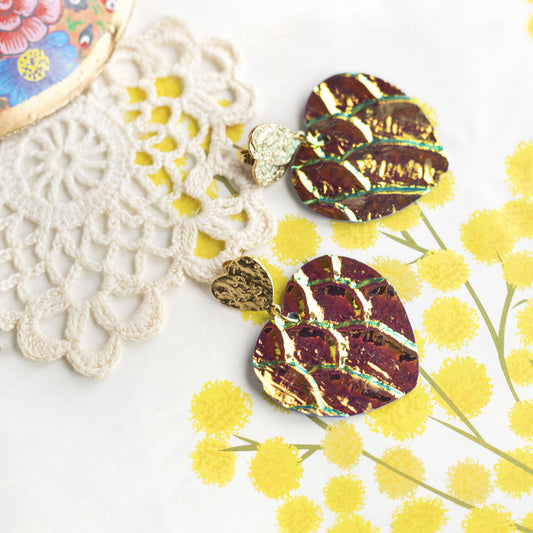 Boucles d'oreilles Coeurs - cuir à écailles holograhiques jaune orangé