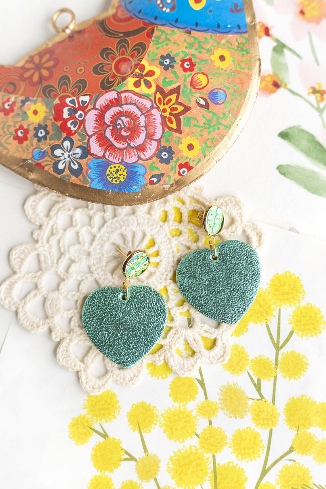 Boucles d'oreilles Coeurs - cuir turquoise métallisé et holographique