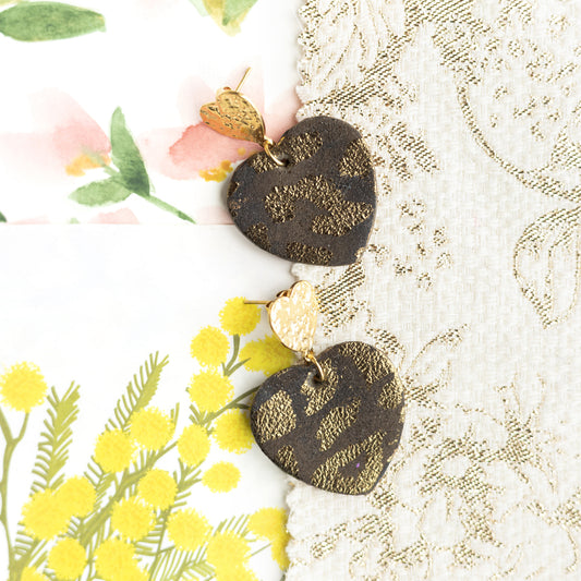 Boucles d'oreilles Coeurs - cuir marron lépoard