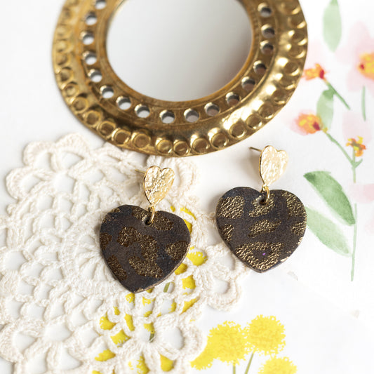Boucles d'oreilles Coeurs - cuir marron lépoard