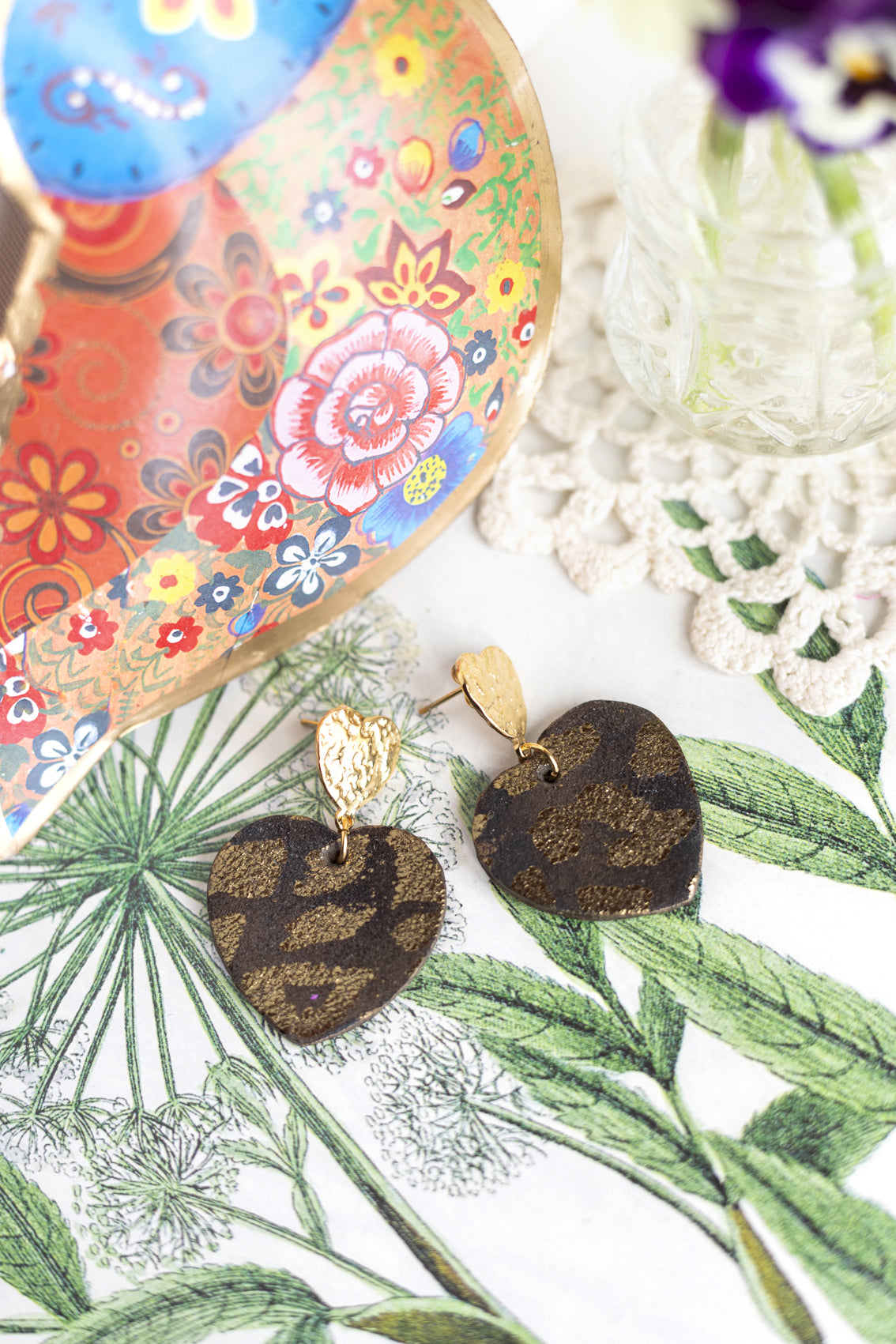 Boucles d'oreilles Coeurs - cuir marron lépoard