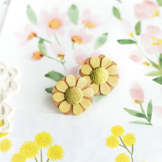 Boucles d'oreilles puces Aster cuir jaune