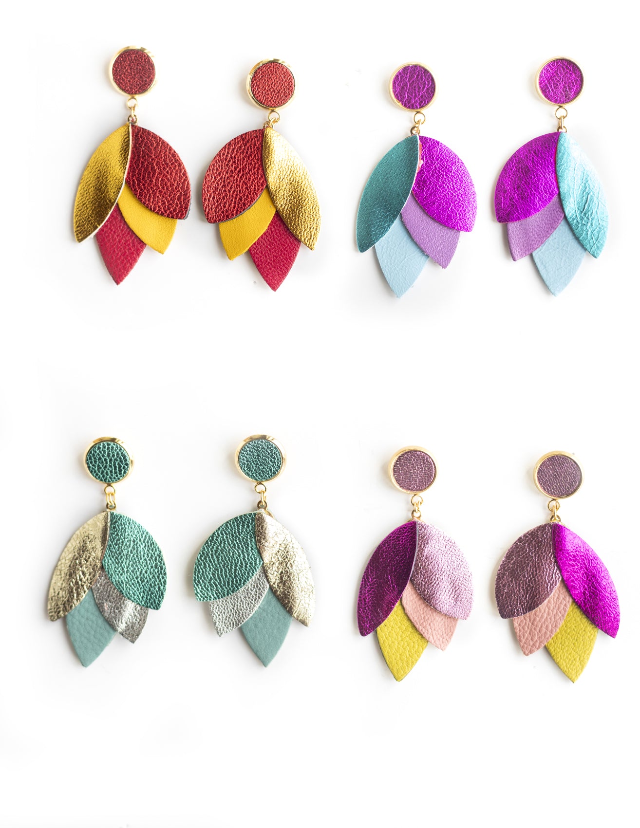 Boucles d'oreilles Dahlia - cuir bleu métallisé, fuchsia, mauve, bleu ciel