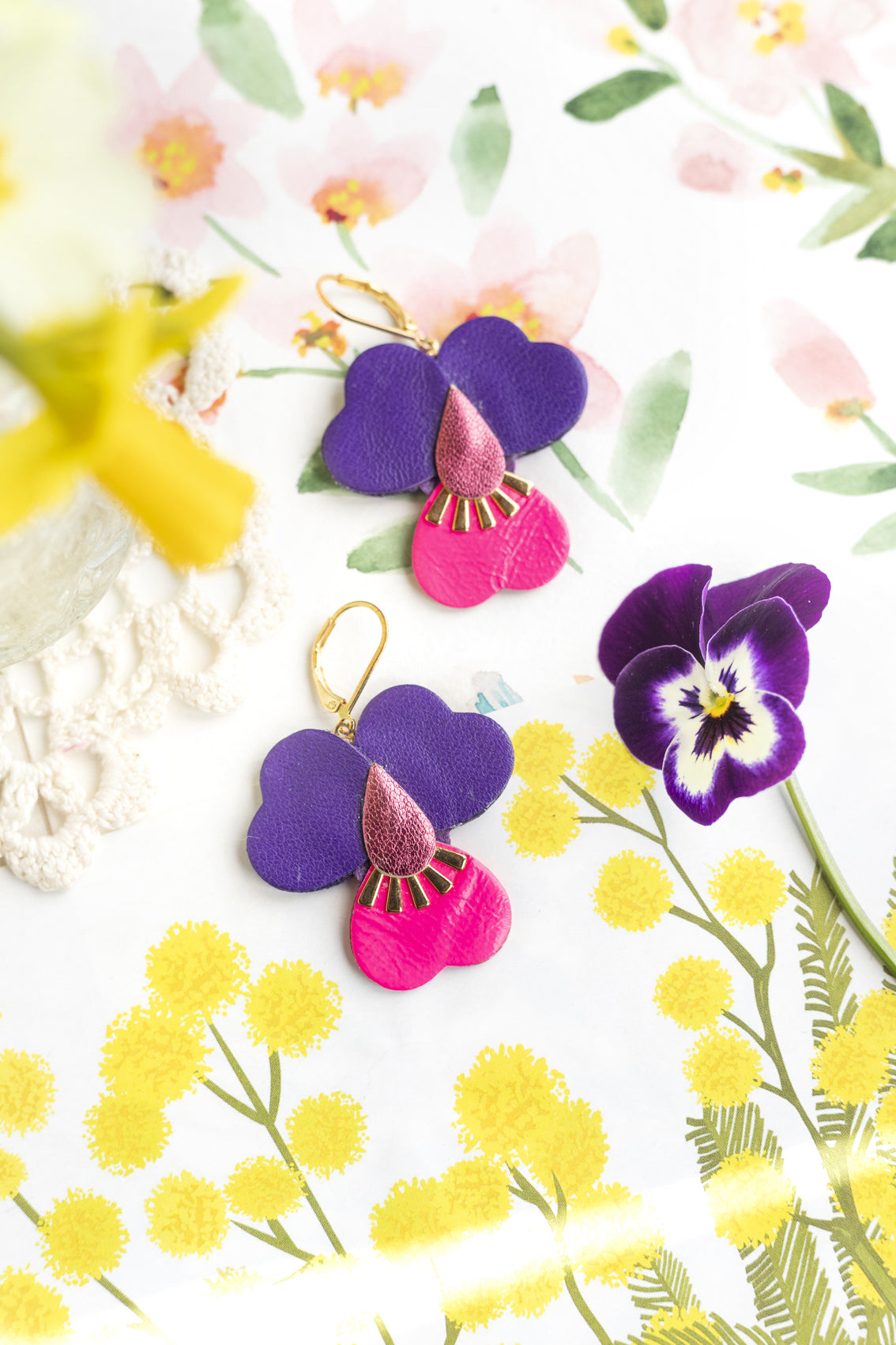 Boucles d’oreilles Pensées géantes - rose métallisé, rose fluo, violet