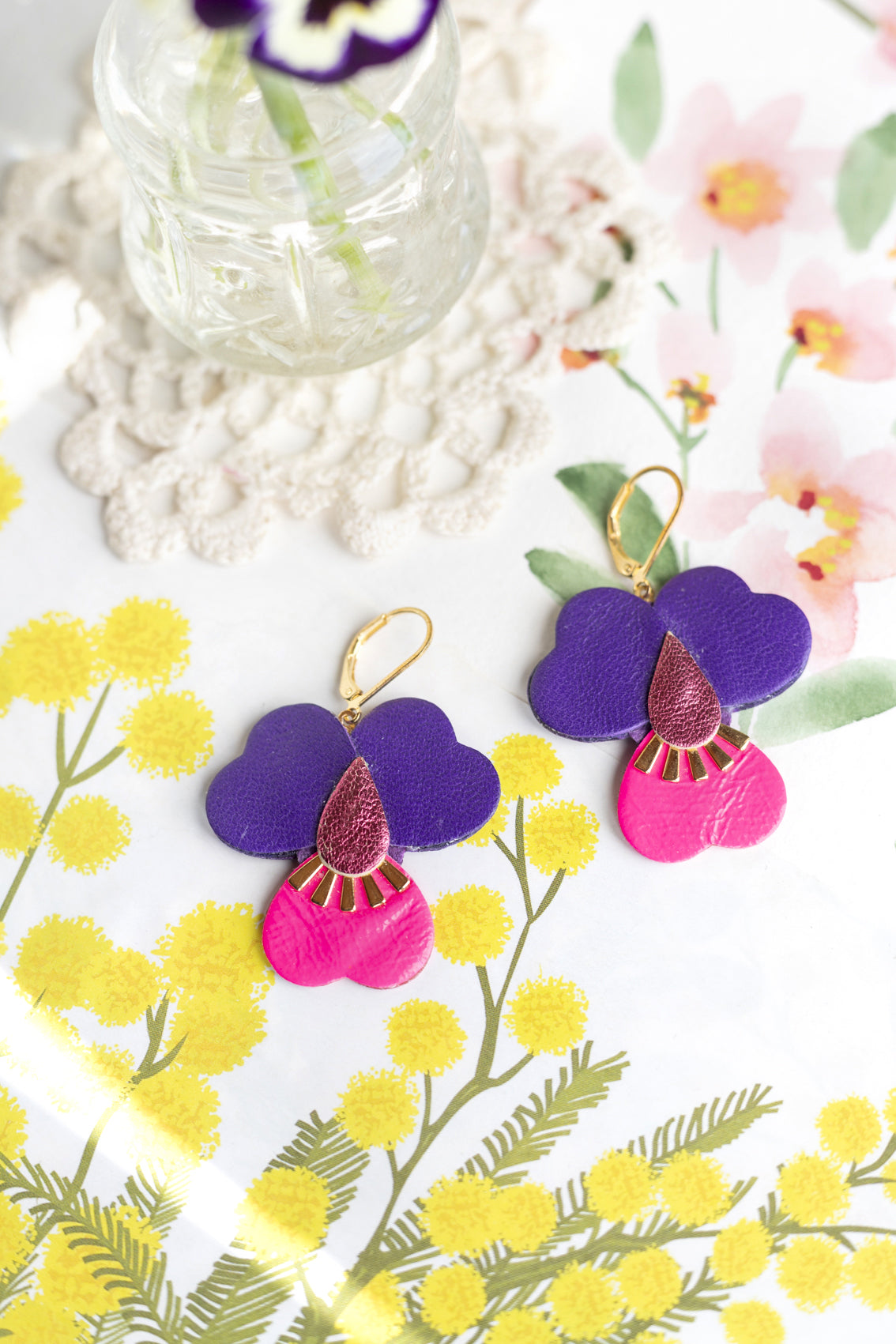 Boucles d’oreilles Pensées géantes - rose métallisé, rose fluo, violet