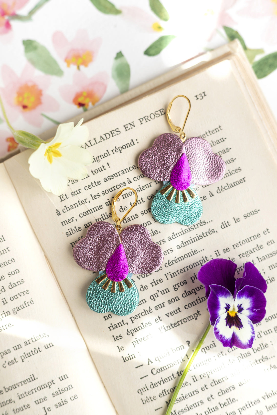 Boucles d’oreilles Pensées géantes - rose métallisé et turquoise