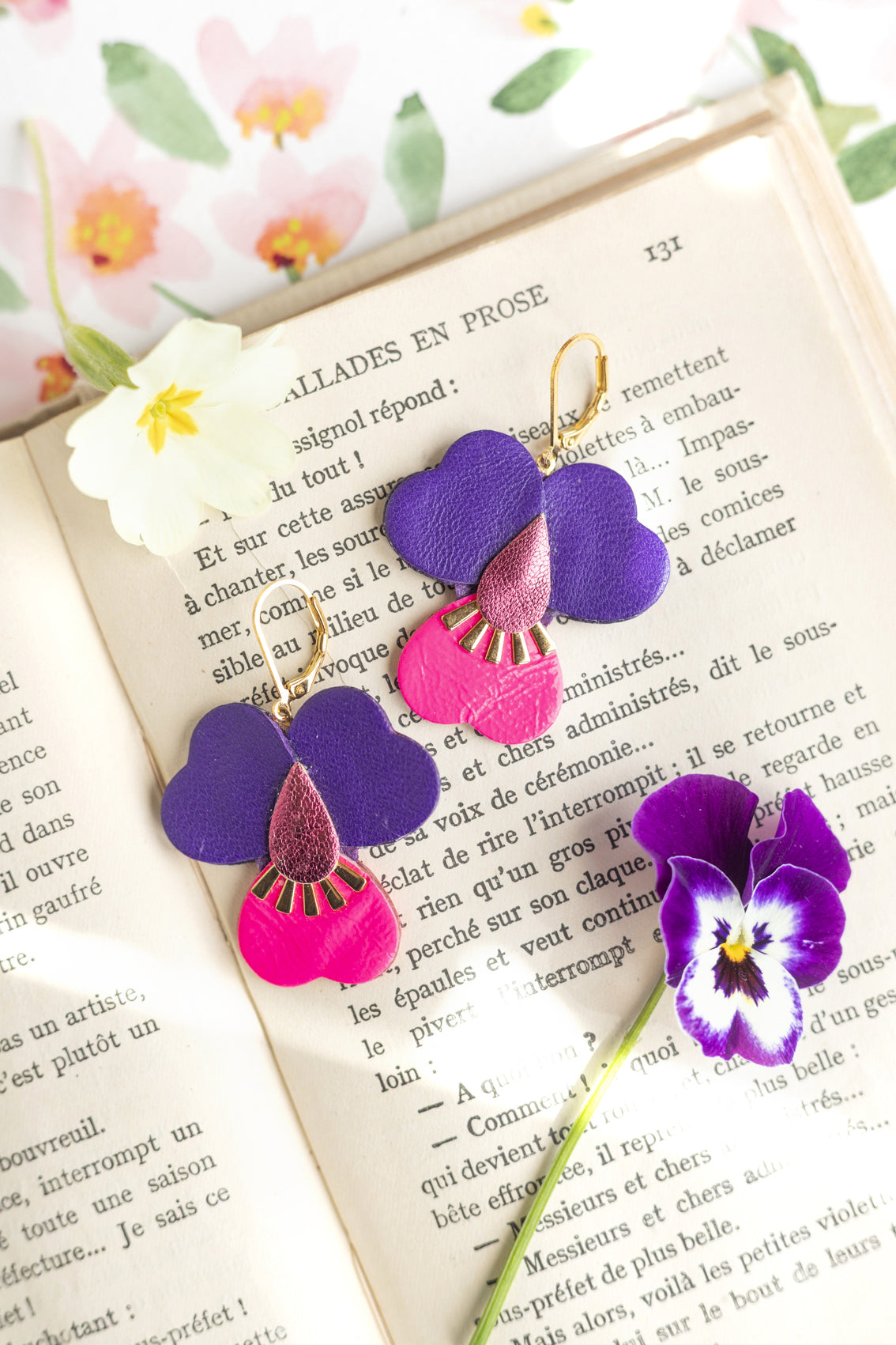 Boucles d’oreilles Pensées géantes - rose métallisé, rose fluo, violet